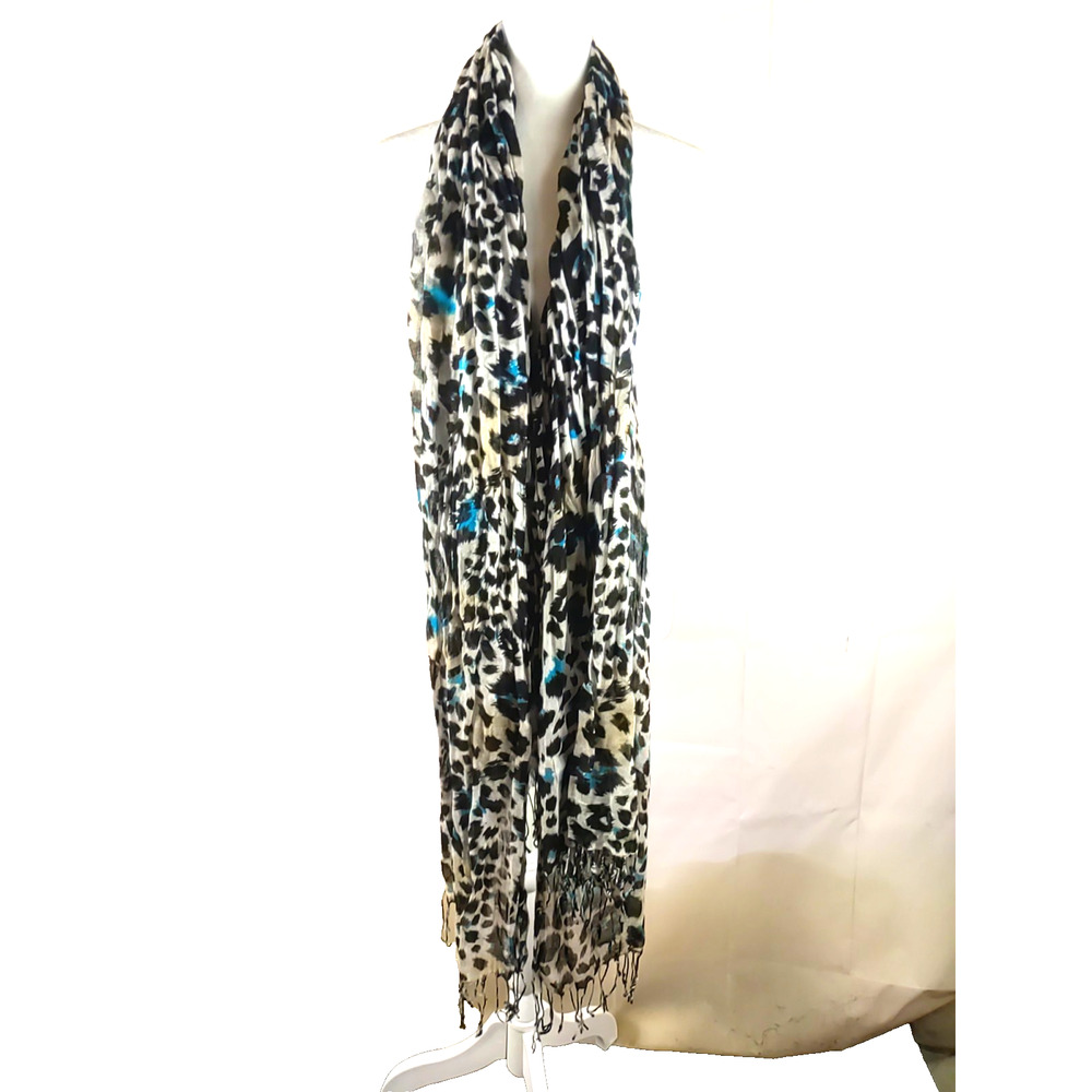 Nicole Marciano Rectangle Scarf Black Blue Leopard Print Fringe 76" X 24